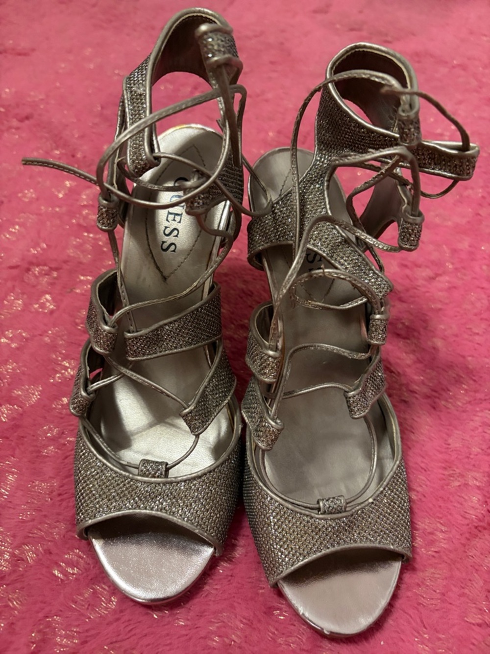Guess Silver Metallic Lace-Up Strappy Heels